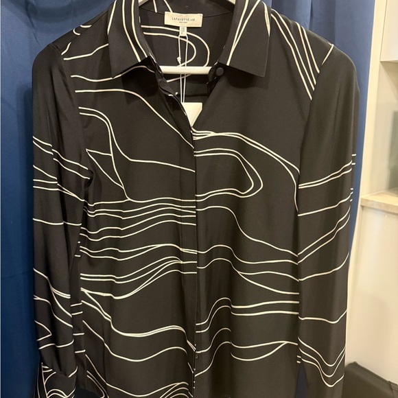 Lafayette 148 New York Black and White Patterned Silk Blouse - Picture 1 of 4